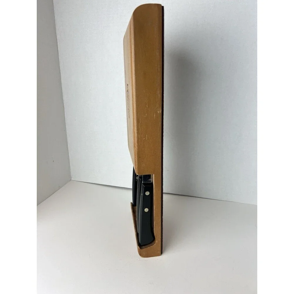 Vintage Ekco Flint Knife Wall Mount Wood Block 3 Stainless Knives Black Handle